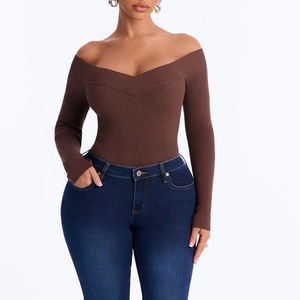 Wholesale Custom Made Women Brown Off Shoulder Long Sleeve Ribbed Bodysuit One Piece Bodycon Solid Knitted Sweetheart Women Top - Product Image 3