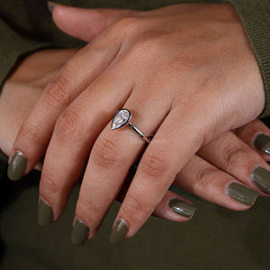 Women's Teardrop Shape Engagement and Anniversary <b>Ring</b> 18K White Gold Bezel <b>Set</b> with Pear Cut Lab Grown Diamond Wedding <b>Ring</b> - Product Image 6