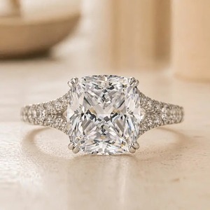 Premium Design 925 Moissanite Split Shank 4.0Ct <b>Cushion</b> Cut Gold Plated Engagement <b>Ring</b> in Sterling Silver Women's - Product Image 3