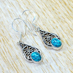 Boucles d'oreilles pendantes en argent sterling 925 avec turquoise naturelle, cabochon ovale, bijoux indiens fins, fabrication sur mesure OEM ODM, vente en gros - Product Image 1