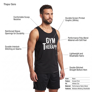 Camiseta sin mangas Vornex Industry Gym Is My Therapy para hombre, cuello redondo, transpirable, informal, para entrenamiento, negra, poliéster/algodón - Product Image 6