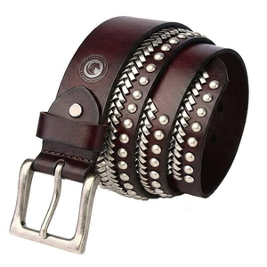 Ceinture en cuir gaufré texturé avec motif vague, style western cowboy, vintage rustique, accessoire de mode décontracté - Product Image 1