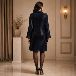Luxury Navy Blue <b>Sequin</b> Shirt Dress for Women Elegant Collared V Neck Midi Dress Long Sleeve Party Cocktail Evening Casual Wear - Product Image 4