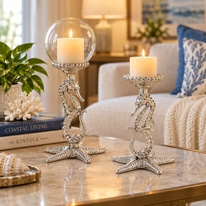 Seahorse <b>Candle</b> Holder <b>Set</b> Silver Decorative Home Decoration Animal Shape Starfish Base - Product Image 3