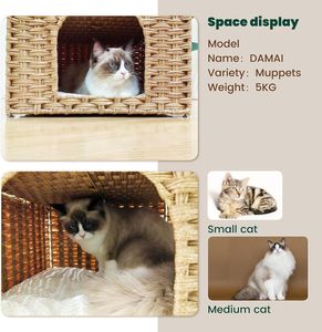 Casa para Gatos de Tres Niveles - Cueva de Ratán Tejida a Mano con 2 Escondites y 3 Almohadillas Suaves - Mueble Plegable y Resistente para Gatos - Product Image 4