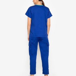 Ensemble de blouses médicales pour femmes, col en V, manches courtes, pantalon, couleur bleu turquoise, coton et polyester tissé - Product Image 2