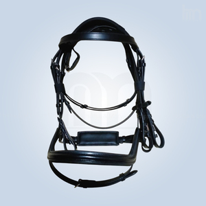 Bridon de cheval en cuir anatomique personnalisé noir, rembourré et doux, avec longe à nez tombant et frontale courbée unie, pour dressage et équipement équestre - Product Image 1