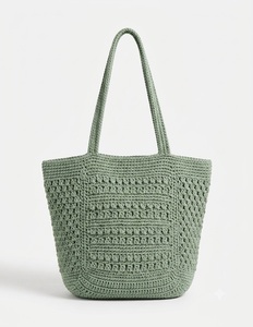 Sac fourre-tout en paille écologique style bohème au crochet, couleur unie, ouvert, avec doublure en coton, idéal pour la plage et le shopping estival - Product Image 3