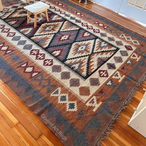 Tapis géométrique Kilim fait main, rectangulaire, en laine, à poils moyens, écologique, tufté à la main, pour salon, nettoyage localisé, Krafterscustom - Product Image 4