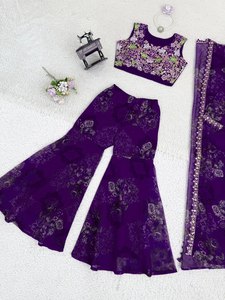 Elegante Salwar Kameez de Seda Tibby con Estampado Floral Morado para Mujer, Blusa Corta, Dupatta Bordada, Pantalones Anchos, para Fiesta Diwali - Product Image 3