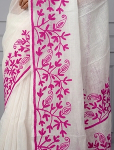 Sari Reversible de Algodón Kota Doria con Estampado Floral Bordado para Mujer, Sin Arrugas, con Blusa Sin Coser (Blanco) - Product Image 4