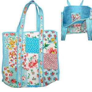 Charming Blue <b>Patchwork</b> Floral Block Print Tote <b>Bag</b> - Handcrafted Sustainable Style - Product Image 1