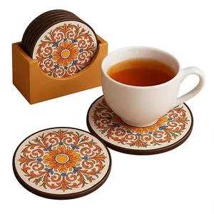 Wooden Coaster <b>Set</b> <b>of</b> 6 Round Tea Coffee Coasters for <b>Mugs</b> Glasses and Hot Pots | Dining Table Protector | Decorative Wooden - Product Image 1