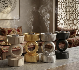 Golden Halo <b>Ring</b> Bakhoor Burner Incense Holder Luxe Ribbed Pedestal White Royals Edition Mubkhar with Modern Style Oud Aromatic - Product Image 5