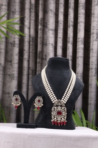 Collar Clásico con Colgante de Perlas de Imitación para Mujer, con Piedra Roja, Plateado, Diseño de Cadena, Joyería para Boda - Product Image 4