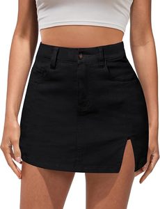 Mini-jupe en jean noir taille haute avec poches, coupe moulante décontractée, jupe d'été pour femme - Product Image 1