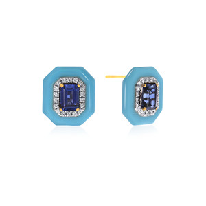 14K Yellow Gold Emerald Cut <b>Blue</b> Sapphire Halo <b>Stud</b> <b>Earrings</b> Lab Grown Diamond Octagon Shape Luxury Jewelry for Women - Product Image 2