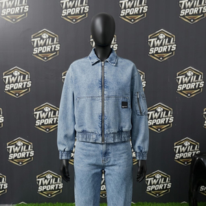Denim Bomber <b>Jacket</b> Unisex Washed Blue Zipper Front Casual <b>Short</b> <b>Sleeve</b> Turn-down Collar - Product Image 2