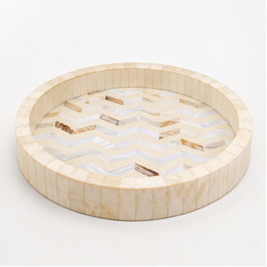 Plateau rond en nacre avec incrustation d'os, plateau décoratif de luxe à motif chevron pour centre de table basse et vente en gros pour la maison - Product Image 4