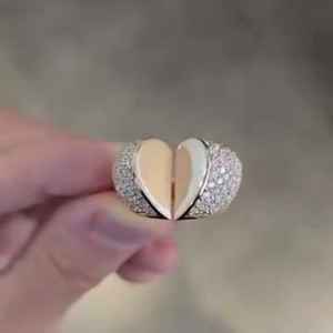 Bague en or massif 14 carats pour femme, sertie de diamants ronds cultivés en laboratoire, en forme de cœur 3D, style moderne, pavée, cadeau de fiançailles pour elle et moi - Product Image 6