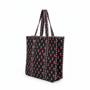 Large Eco-Friendly Cotton Quilted Bohemian <b>Tote</b> <b>Bag</b> Indian Block Print Dark Brown Ditsy Floral Zippered Chains <b>Padded</b> Women - Product Image 1