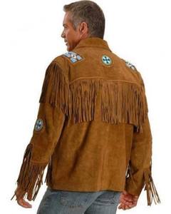 <b>Men's</b> Genuine <b>Leather</b> Winter <b>Jacket</b> with Breathable Fabric Fringe Beading Hand Embroidery Turn-down Collar Vintage Style - Product Image 1