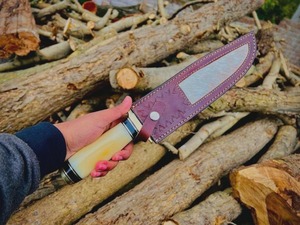 Couteau de camping artisanal personnalisé, manche en os de chameau, lame à pointe clip, acier inoxydable 0,5 mm, étui en cuir inclus - Product Image 4
