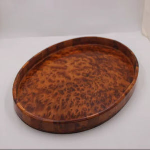 Plateau de service rond en bois de manguier peint à la main, motif Plumeria, durable, couleur noyer brillant, plateaux de service décoratifs en bois - Product Image 3
