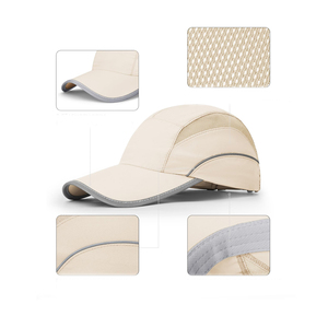 Casquette de course performante beige en maille découpée au laser, avec bordure réfléchissante, séchage rapide, 5 panneaux, pour le sport, personnalisable, vente en gros - Product Image 5