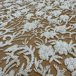 Tela de Encaje Bordada de Lujo con Cuentas, 100% Poliéster, Hecha a Mano, Fabricante Mayorista OEM/ODM B2B - Product Image 1