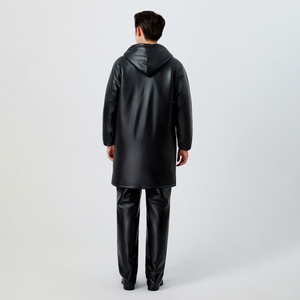 <b>Men's</b> <b>Black</b> <b>Long</b> Hooded <b>Jacket</b> Waterproof Zipper Closure Workwear Style Winter Wear Thick Polyester Lining Solid Color - Product Image 3