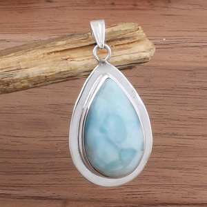 Natural Larimar Pear Pendant Handmade Sterling <b>Silver</b> Gemstone Necklace Boho Jewelry Ocean Blue Stone Gift For Women - Product Image 3