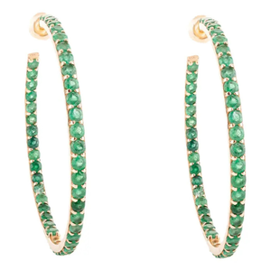 14K Gold Bohemian Round Cut Emerald Hoop Earrings with Diamond and Pearl Accents - Product Image 2