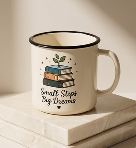 Inspirational Quote Metal Camp Cup Custom Logo Printing Heavy Duty Iron Enamel Mug Featuring Stacked Books and Growing Sprout - Product Image 3