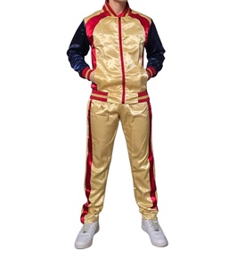 Conjunto Deportivo de Dos Piezas en Satén Brillante Rojo Dorado con Franjas Laterales para Hombre y Mujer, Ideal para Ropa Casual y a la Moda - Product Image 1
