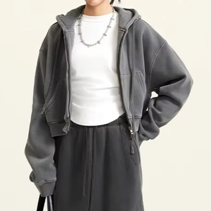 Sudadera con capucha de moda con cordón, estilo acid wash, para otoño, tipo cárdigan corto de punto grueso y cálido, de algodón deportivo para mujer, con forro ecológico. - Product Image 4