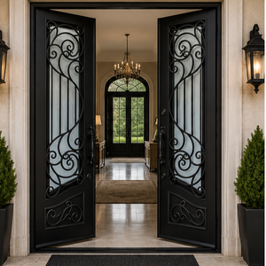 Elegante Puerta Doble de Hierro Forjado con Vidrio Esmerilado Decorativo y Diseño de Seguridad de Lujo para Entrada Principal - Product Image 2
