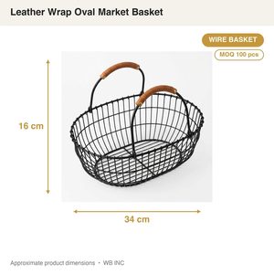 Handmade Metal Wire <b>Basket</b> 34 cm with Black Tan Leather Grips & Wrap Oval Market Home Decor Hotel Wedding <b>Table</b> - Product Image 4
