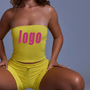 Custom Logo Y2K Women Sexy Fleece Two Piece <b>Set</b> Strapless Tube Top Shorts <b>Set</b> 100% Cotton Breathable Eco-Friendly for Wear - Product Image 2