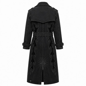 Gabardina de Mezclilla de Lujo con Apliques de Pedrería para Hombre, Estilo Gótico, Negra, Larga, con Doble Botonadura y Cinturón - Product Image 3