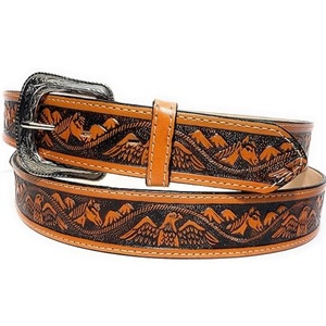 Cinturón de cuero clásico para hombre, tallado a mano, de grano completo, estilo western, con hebilla de latón grabada con motivos florales. - Product Image 3