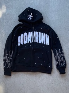 Custom Oversized Full Zip Hoodie Black <b>Rhinestone</b> Streetwear Sweatshirt Flame Print Heavyweight Unisex Hooded <b>Jacket</b> - Product Image 1