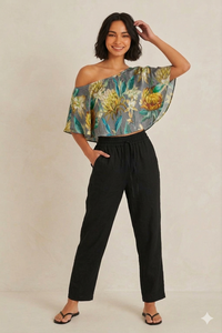 Yellow Stripe Floral Print One Shoulder Short Cotton Silk Sexy & Club <b>Top</b> - Product Image 4