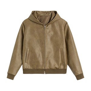 Men's Brown Leather Hooded Tracksuit Set Full Length Loose Fit Streetwear Solid Color Zipper Closure Side Pockets - Product Image 2