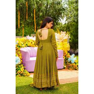 NUIT ASHLEY COULEUR Moutarde GEORGETTE ENSEMBLE DE COSTUME BRODÉ TD-120 - Product Image 3