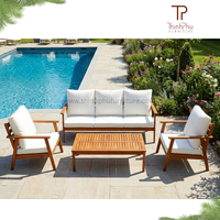 Banc contemporain Monaco 3 places, mobilier d'extérieur écologique, ensemble de canapés en bois d'acacia pour jardin, coussins pliables, hôtels, villas