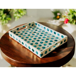 Plateau de service de luxe en nacre incrustée, mosaïque géométrique turquoise, plateau décoratif en coquille MOP pour table basse ou ottoman - Product Image 1