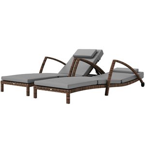 Set di 2 Chaise Longue da Esterno Grigie in Vimini con Schienale Regolabile, Ruote, Cuscini, Braccioli, Materiale PE e Telaio in Alluminio - Product Image 1