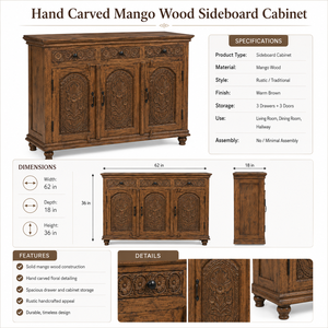 Custom Handcrafted Eco-Friendly Traditional Warm Brown Solid Mango Wood Floral Carved <b>Sideboard</b> Cabinet 3 Drawers 3 Doors Luxury - Product Image 6