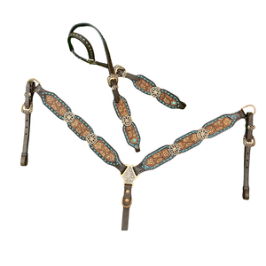 Conjunto de cabezada y correa de pecho de equitación western de perfil alto, de cuero genuino, con cierre de hebilla ajustable, herrajes en tono plateado y flecos - Product Image 2